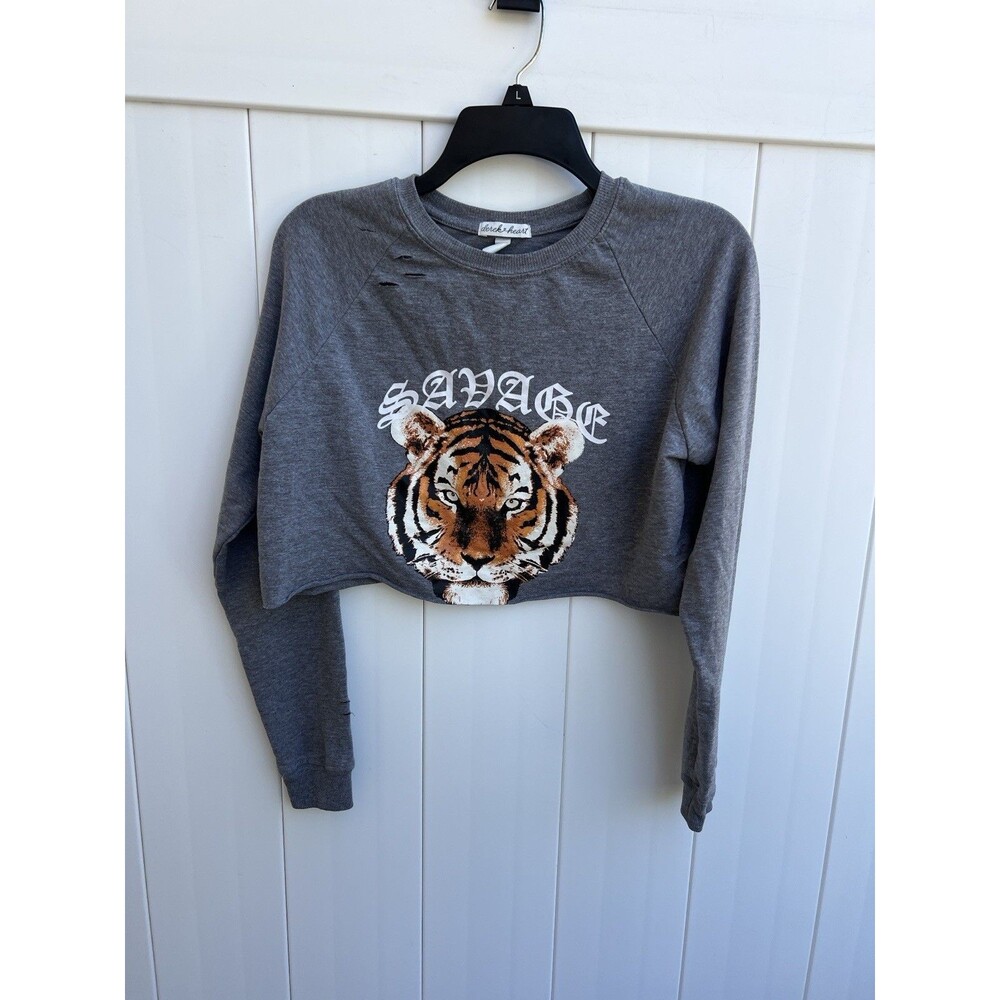 DEREK HEART Womens Crop Top Shirt Long Sleeve Tiger Print Sz Medium